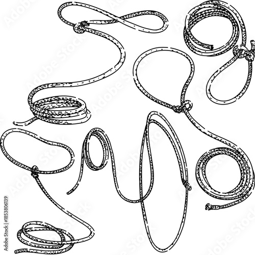 Collection of hand drawn lasso ropes, knots and coils in black and white line art, western ranch and cowboy themed design elements for logos, patterns and crafts