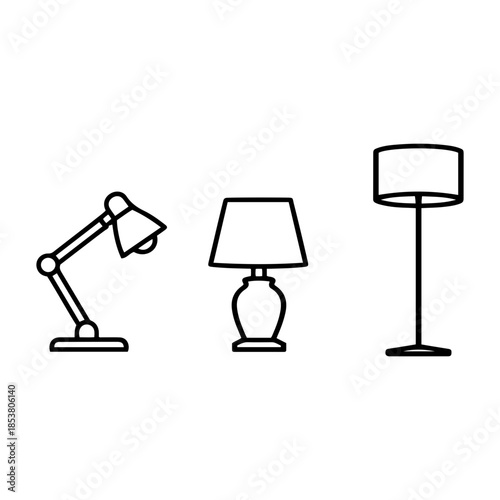 Outline Icons of Various Lamps Desk, Table, and Floor Lighting Fixtures