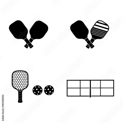 Pickleball Equipment Vector Icons Set - Paddles, Balls, and Net