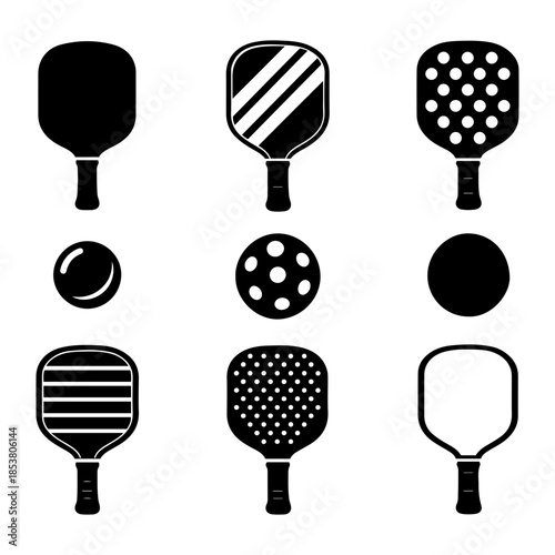 Pickleball Paddles and Balls Icon Set Vector Collection of Sport Equipment