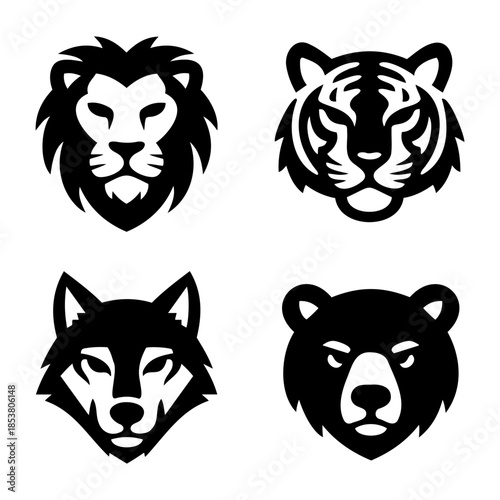 Powerful Wild Animal Head Icons Set Lion, Tiger, Wolf, and Bear