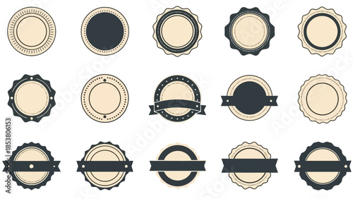 Collection of Vintage Design Elements with Various Retro Round Blank Badges and Decorative Labels on White