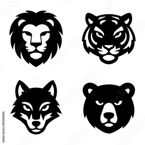 Powerful Wild Animal Head Mascots Lion, Tiger, Wolf, and Bear Icons.svg