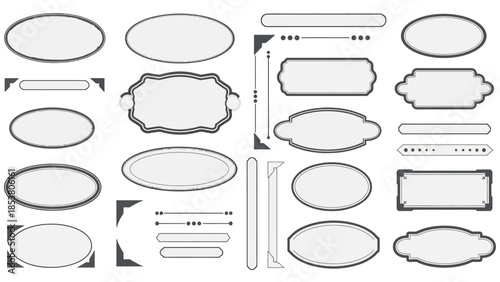 Assorted graphic design elements: vintage frames, decorative borders, and label shapes.