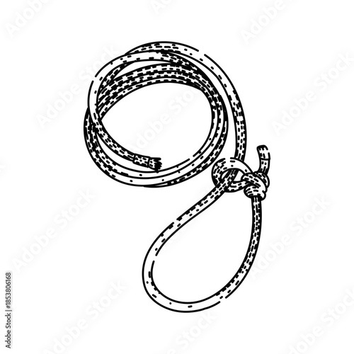 Rope loop drawing showing a lassoslipknot with coiled section, line art on white background symbolizing capture, connection, security, skill and rustic craftsmanship