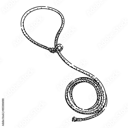 Lasso rope forming a loop with a coiled end, presenting a traditional cowboy tool concept, symbolizing capture, control, and the spirit of the wild west in an outline drawing style