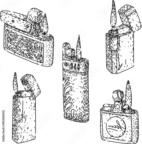 Refillable lighters set depicting a collection of classic and retro styles with decorative patterns, hand drawn in an engraving sketch art form, symbolizing fire and ignition