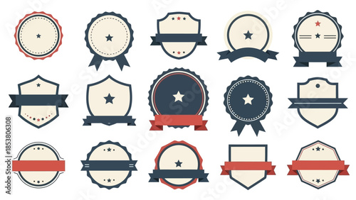 Collection of Retro Styled Graphic Badges, Emblems, and Labels with Ribbons and Stars
