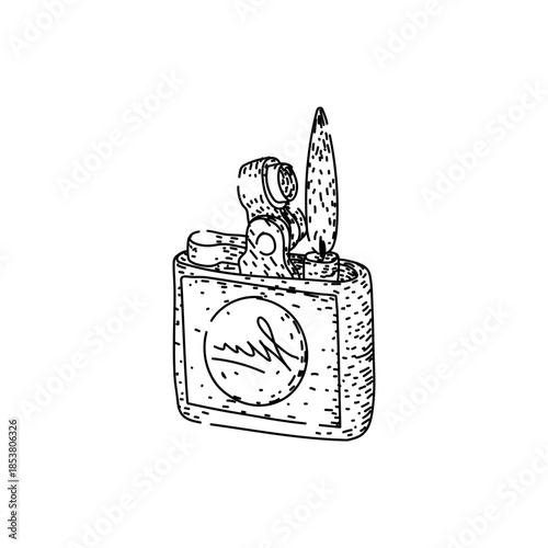 Classic flip top lighter generating a steady flame, depicted in a hand drawn, retro inspired engraving style, reflecting themes of fire, ignition, and utility