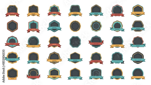 Collection of diverse flat graphic emblem and badge designs, perfect for digital content creation.