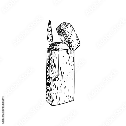 Black and white line art illustration showing a lit pocket lighter with an open lid, symbolizing illumination, warmth, heat, and ignition on a clean white background