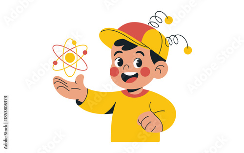 A young boy illustrating the atomic structure with a gesture of explanation