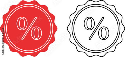 Red and black percentage sale tags with wavy edges discount offer