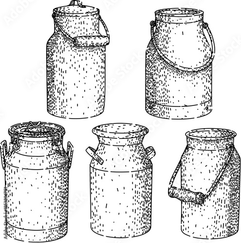 Antique milk cans featuring various designs and handles, representing rustic farm life and traditional dairy storage or delivery equipment in a detailed hand drawn etch style