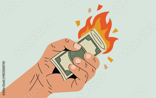 A hand grasping burning currency, symbolizing financial loss or crisis, depicted in a simple illustration style.