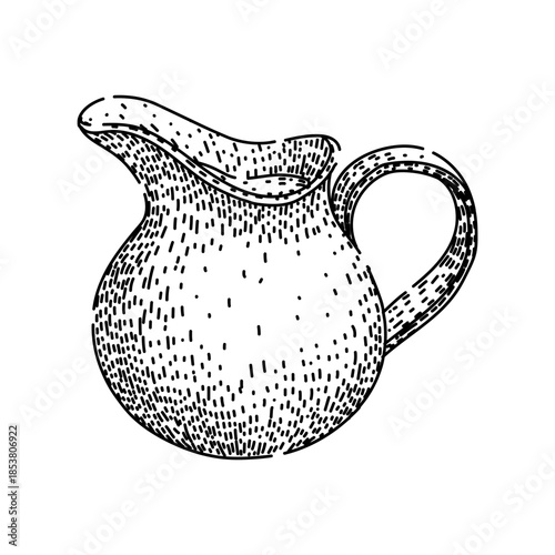 Hand drawn milk jug sketch in vintage black and white line art, perfect for dairy, breakfast, kitchen and cafe themes, simple rustic creamer illustration for labels and menus
