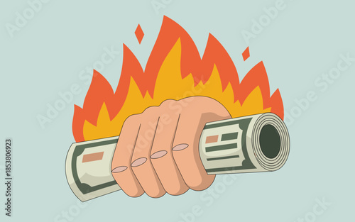 A hand grasping a burning stack of banknotes, symbolizing financial loss or reckless spending.