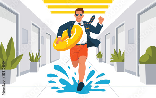 Man running down office corridor with inflatable ring and splashing water