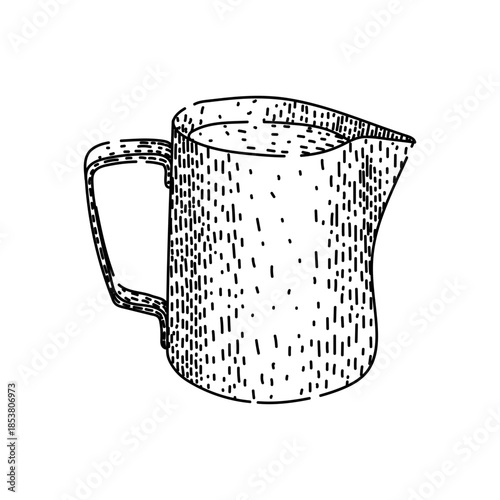 Hand drawing of a classic milk jug or creamer with a handle and pouring spout, an essential barista tool for preparing hot beverages like latte and cappuccino