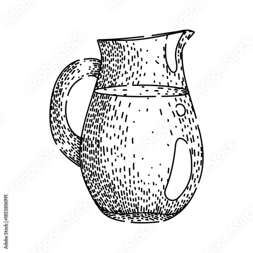 Simple hand drawn line illustration depicting a classic glass jug filled with a serving of refreshing liquid, ideal for dairy, kitchen, or breakfast themes