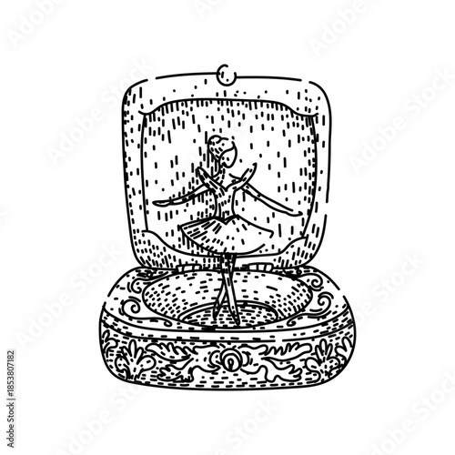 Ballerina figurine rotating and dancing inside an opened music box, featuring intricate decorative patterns, evoking feelings of nostalgia, elegance, and traditional charm