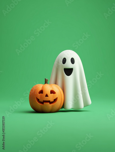 Photo illustration of a halloween ghost and pumpkin face with scary smile on a green background.