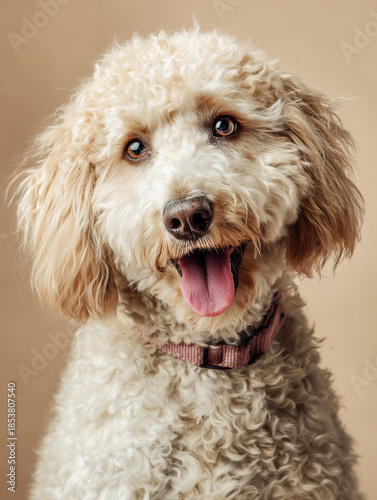 Photography of a dog  with a smile face on an solid cream background.