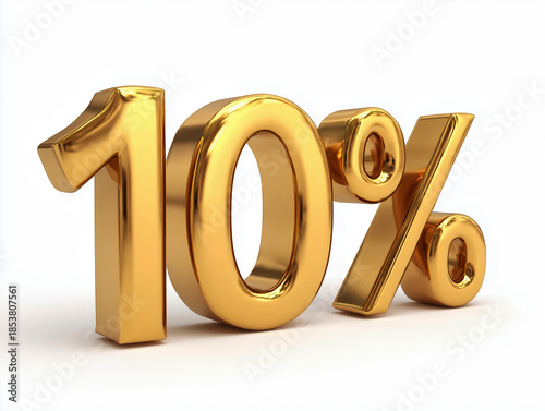 3D text of 10 percent golden material on white background.