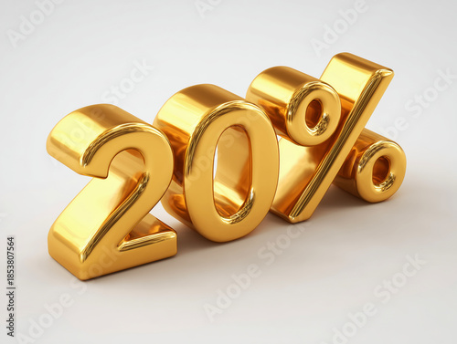 3D text of 20 percent golden material on white background.