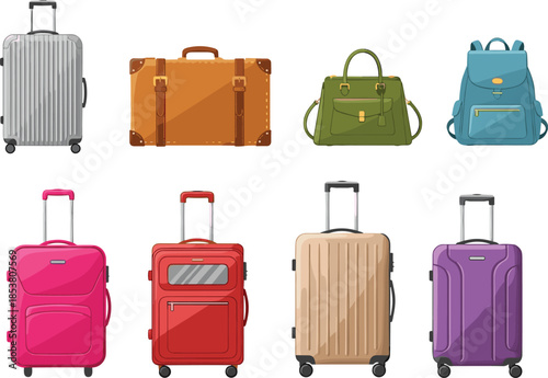 Set of colorful travel luggage and bags including modern suitcases vintage trunk handbag and backpack isolated on a white background for design