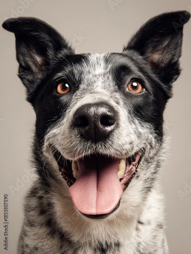 Photography of a dog  with a smile face on an solid cream background.