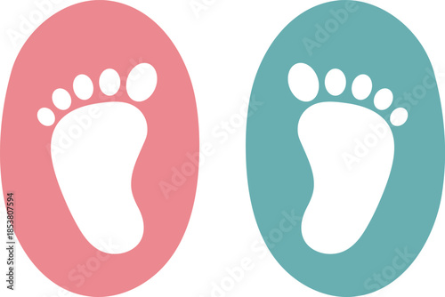 Two baby footprints one pink one teal within circles