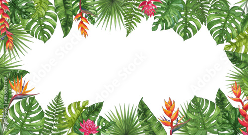 Vibrant watercolor tropical foliage illustration with monstera leaves, palm fronds, and orchids, detailed black line art framing a transparent background with copy space, concept of sophisticated
