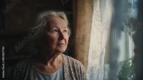 elderly mother standing near a window inside a cozy home, soft daylight, calm , warmth and care, realistic cinematic portrait