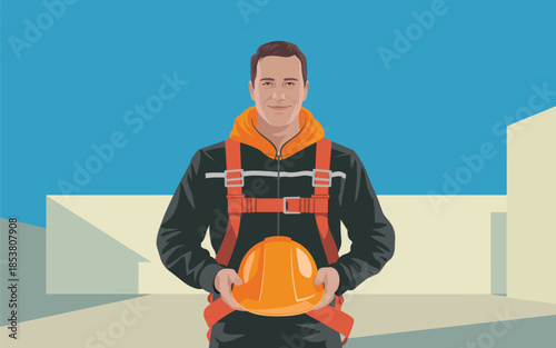 A construction worker holding an orange helmet on a rooftop with a blue sky