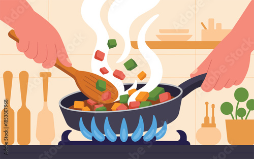 Hands stir-frying vegetables in a pan on a stovetop in a kitchen environment from a frontal viewpoint