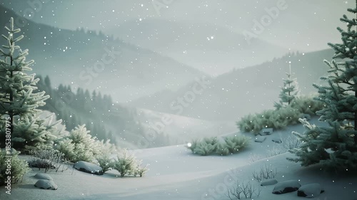 Winter landscape with snow-covered mountains and evergreen trees  