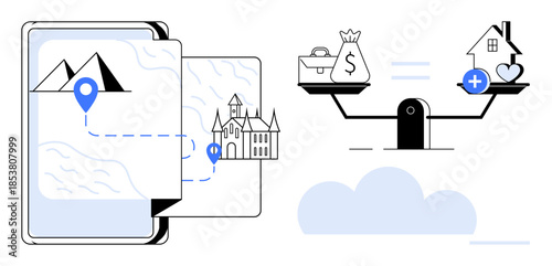 Travel navigation. Travel planning with maps and routes, balancing finances, saving money, and enhancing lifestyle priorities. Travel for leisure, budgeting plans, decision-making, family goals