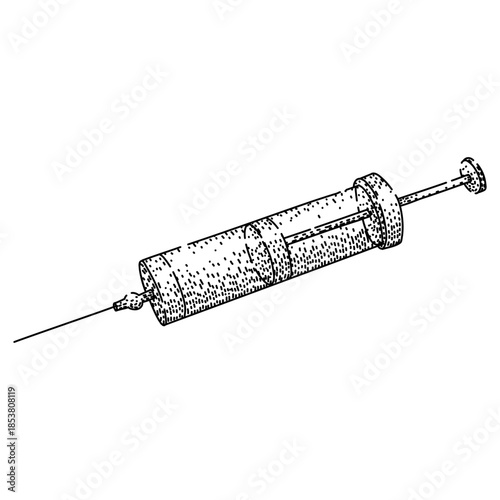 Vintage medical syringe drawing showing a classic design used for injections. Vaccinations. And drug administration. Representing traditional medicine. Treatment. And clinical procedures from the past