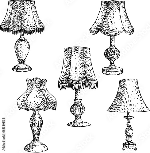 Variety of antique table lamps rendered in a classic hand drawn sketch style, showcasing different vintage designs perfect for traditional interior decor and nostalgic home ambiance concepts