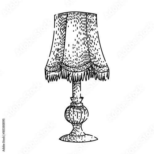 Classic table lamp featuring an elaborate shade with fringe details, showcasing a timeless vintage aesthetic as a hand drawn illustration on a white background