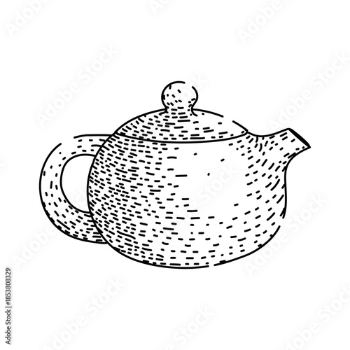 Classic ceramic teapot line drawing in vintage style, simple black outline evoking traditional asian tea ceremony, hospitality and home brewing on white background