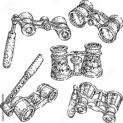 Collection of vintage lorgnettes and compact binoculars, presenting a variety of classical designs used for enhancing audience experience during theater, opera, or ballet performances