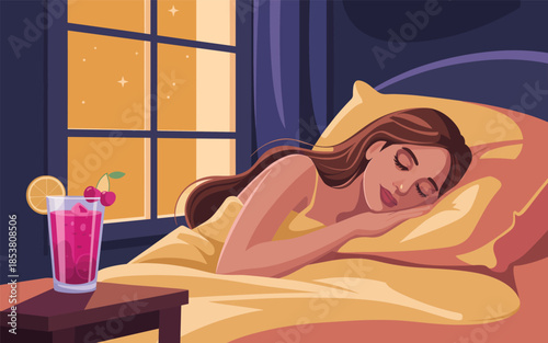 Woman sleeping peacefully in bed with a refreshing drink nearby on a bedside table