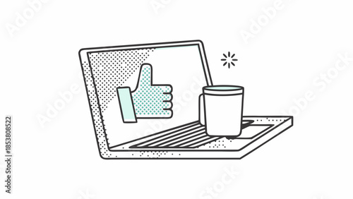 Laptop displaying a thumbs up icon with a coffee cup and a sparkle next to it illustration