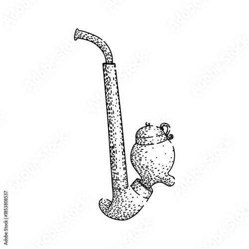 Traditional long tobacco pipe illustration with a lid on the bowl, featuring an old fashioned design and a vintage hand drawn engraving style on a white background