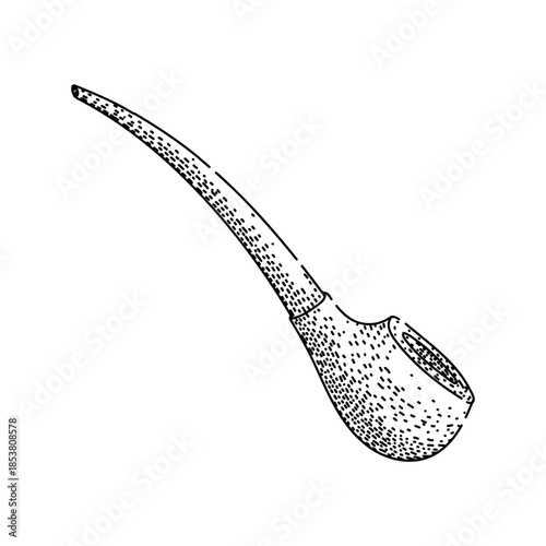 Classic hand drawn sketch of a vintage tobacco pipe with long curved stem and bowl, speckle shaded line art on white background, minimal black and white retro illustration