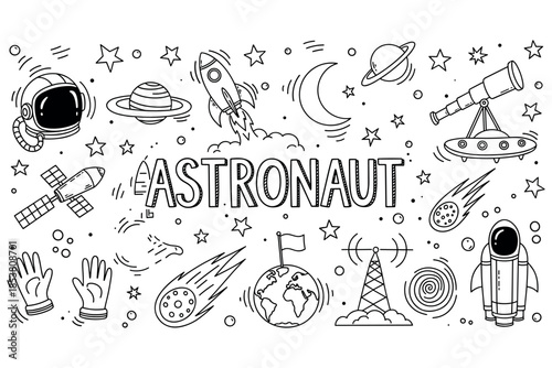 Astronaut doodle art: space helmets, planets, rockets, and stars