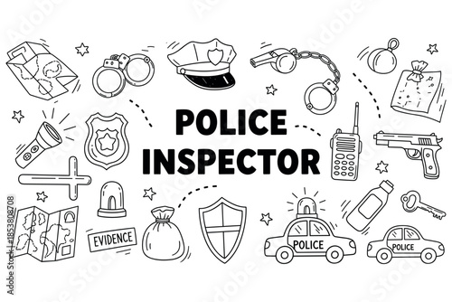 Police inspector elements: badge, handcuffs, patrol car, evidence, communication devices