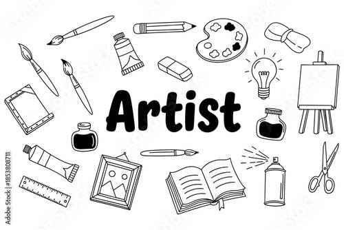 Creative art supplies: brushes, easel, palette, paints, canvas, sketchbook, and more